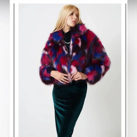 FRENCH CONNECTION Multi-Color Faux Fur Cropped Jacket - Pink, Blue & Wine - Picture 1 of 6